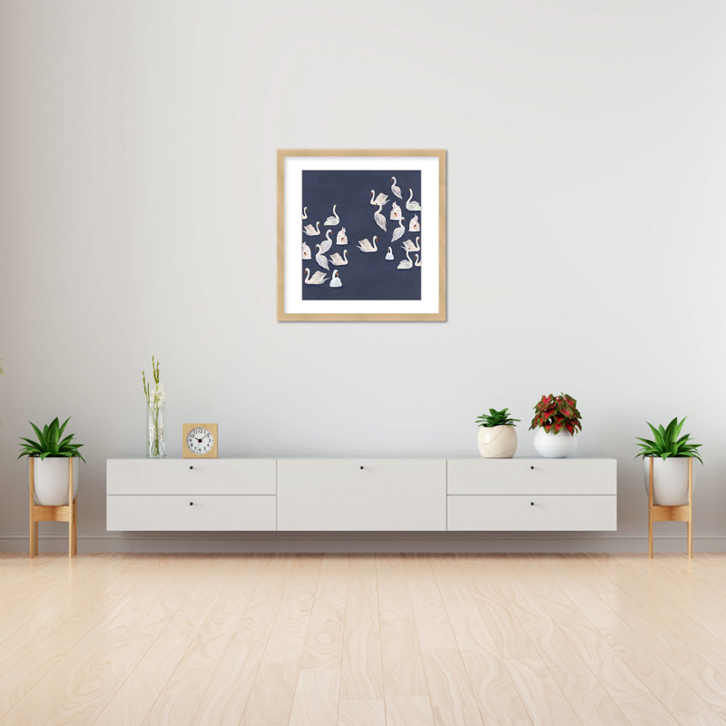 Nature Inspired Modern Ensemble: Swan Serenade, Framed Matted Print, Tan, 48" H x 48" W