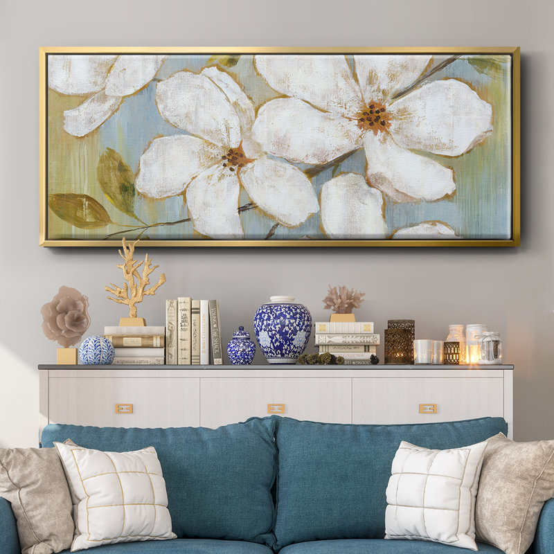 White Blossoms- Framed Canvas, 20" H x 50" W