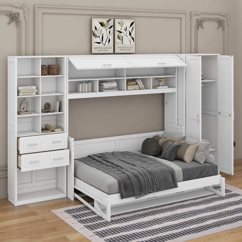 Lit escamotable double avec placard, tiroirs et tablettes