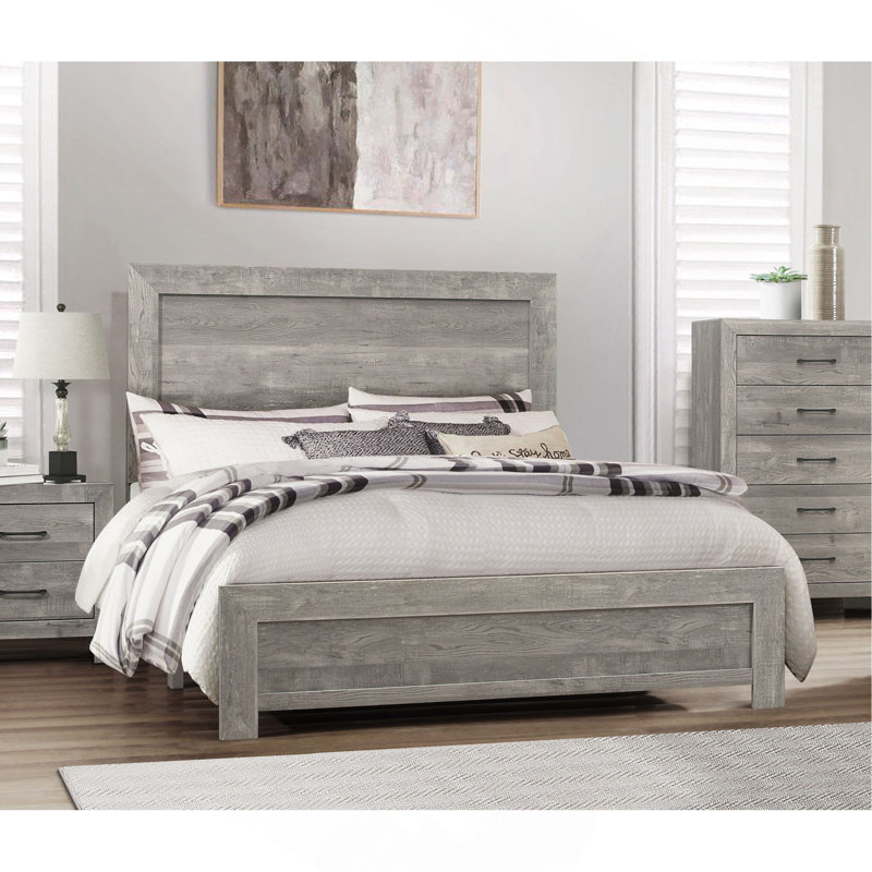Ensemble de meubles de chambre à coucher en bois pleine grandeur rustique à panneau gris 1pc, Lit double, gris