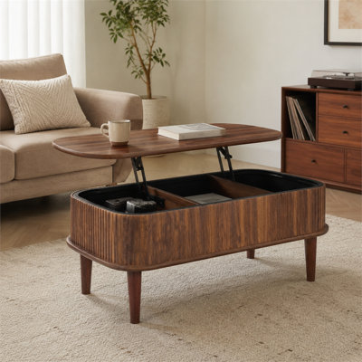 Table basse ovale de style Mid-Century à finition noyer; présente un design à lattes verticales et trois compartiments de rangement cachés; convient à la maison et au bureau; Facile à assembler.