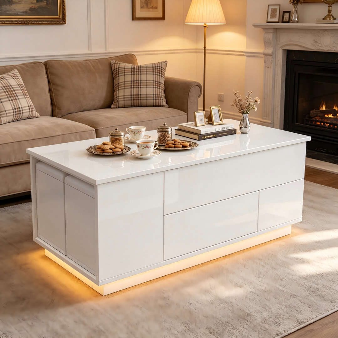 White High Gloss Lift Top Coffee Table With LED Lights,Centre Table With 2 Drawers