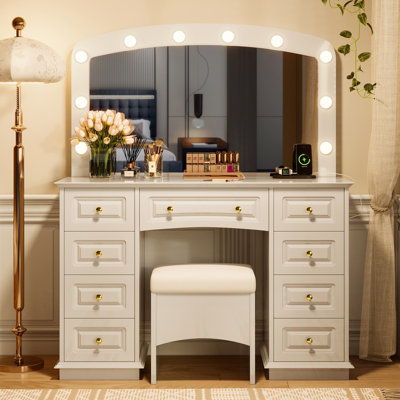 Makeup Vanity with 10 Hollywood Bulbs, Cushioned Stool and 9 Storage Drawers