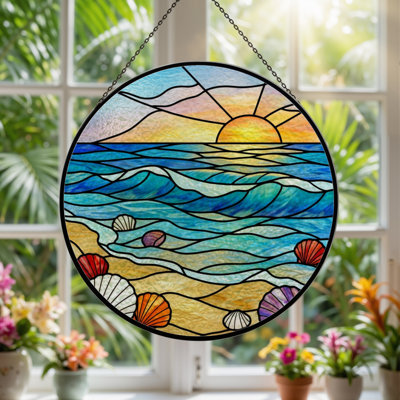 7.8"H Sunset Beach Stained Glass Window Panel
