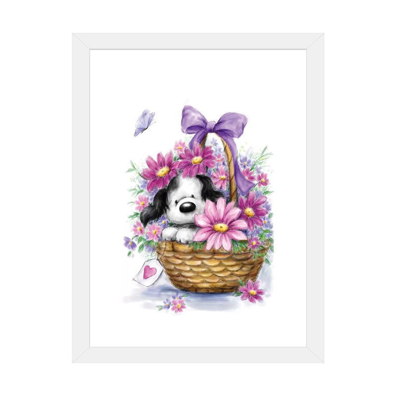 «Gray Dog in Basket» par Makiko - impression d'art graphique, Papier encadré blanc, Blanc, H 24 po x l 16 po x P 1 po