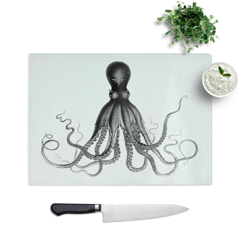 Tempered Glass Vintage Octopus Illustration by E.F. Jomard Chopping Board, 39 cm W x 28.5 cm L