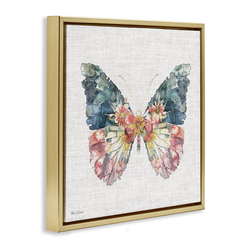 Floral Flight Butterfly Wings Floating Frame, design by Nicole DeCamp, 18" H x 18" W, Metallic Gold Floater Frame