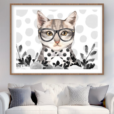 Geek Cat - Framed Matted Print for Bedroom Feline Decor