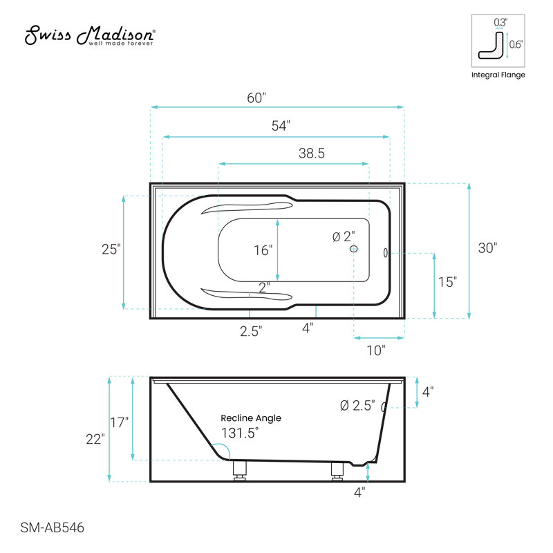 Ivy Alcove Bathtub with Apron, Right, 60" x 30"