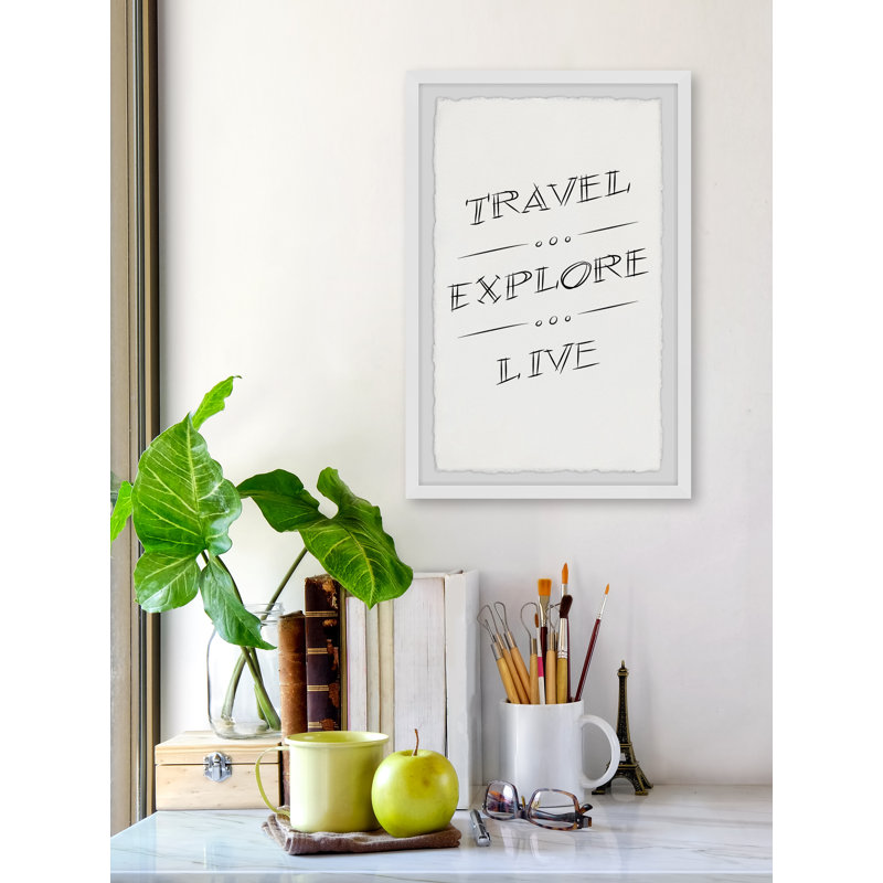 Reproduction d’art textuel sur papier « Travel explore Live », H 12 po x l 8 po x P 1,5 po