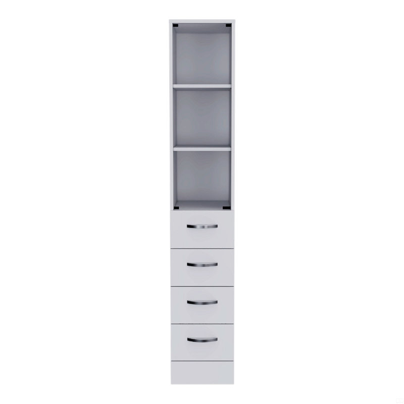Linen Cabinet 68" H, Three Shelves, Four Drawers And Metal Handles, White