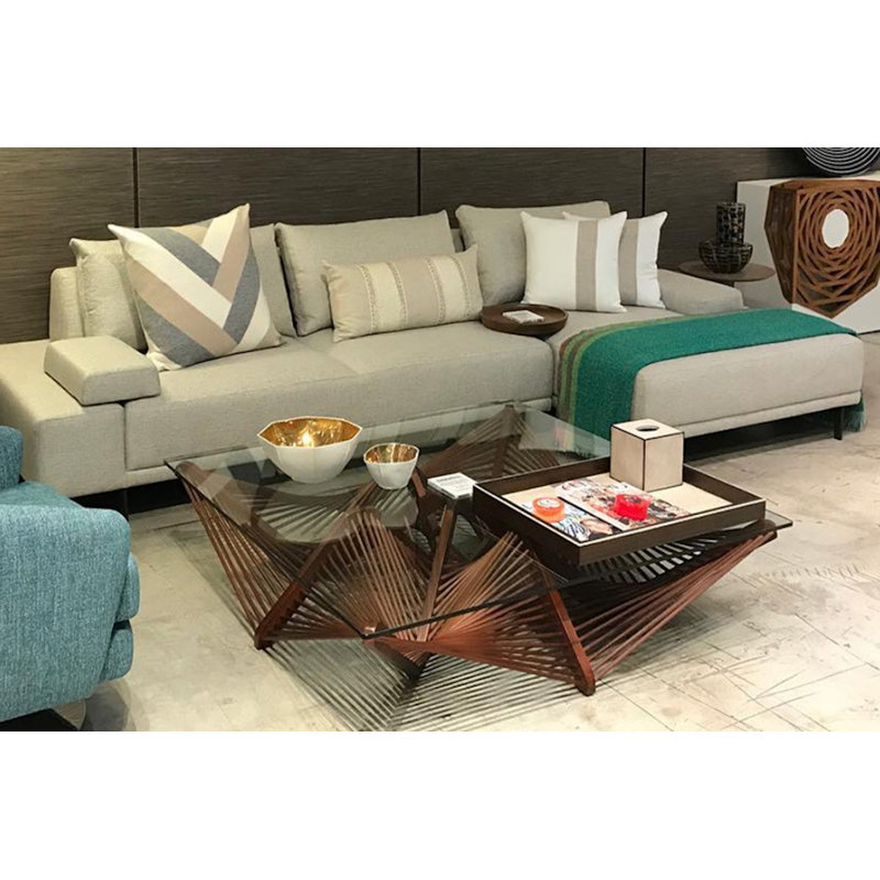 Modern Medium Brown Glass Top Coffee Table with Geometric Base