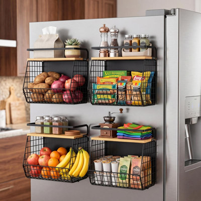 Magnetic Shelf for Fridge with Wood Lid, Fruit Potato and Onion Storage Bins, Pantry Organizers & Storage, Large Container Magnetic Spice Rack for Refrigerator, Kitchen Counter, Cabinet (Yellow)