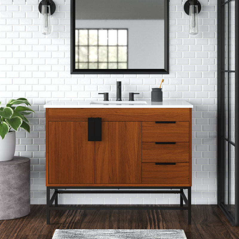 Eugene 42'' Single Bathroom Vanity with Engineered Marble Top, Teak