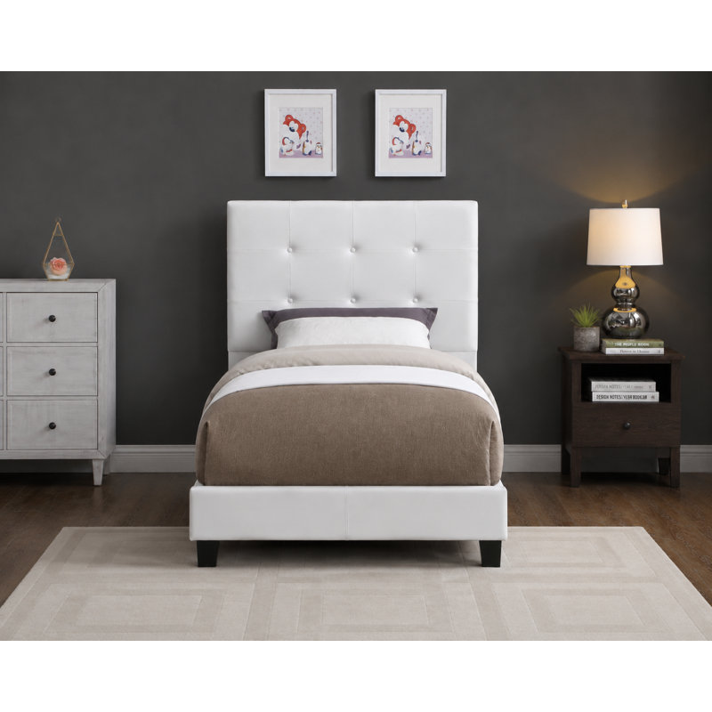 Lit rembourré ajustable avec tête de lit capitonnée, cadre de lit moderne en lin et similicuir, blanc, 1 place, Simple, Blanc