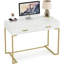 Bureau d'ordinateur 40 po blanc et doré avec 2 tiroirs, bureau moderne à domicile, table d'écriture compacte, meuble-lavabo pour chambre à coucher, bureau ou petits espaces, structure en métal, style minimaliste