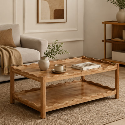Modern 2 Tier Coffee Table for Living Room Furniture, Rectangular Center Table with Open Storage Shelf, Solid Rubberwood Legs