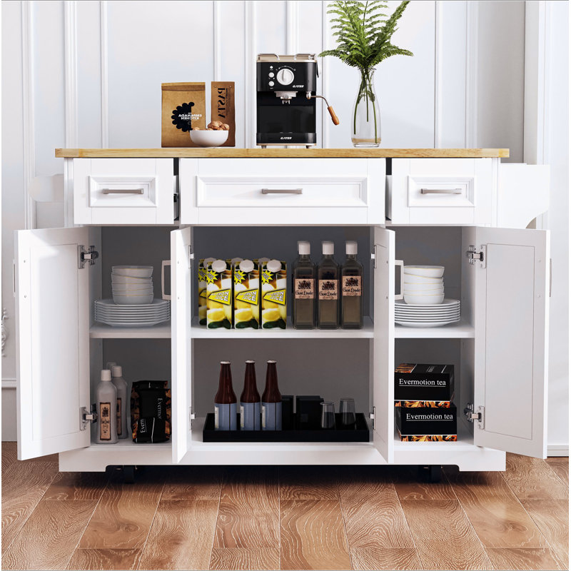 Grand îlot de cuisine de 54 pouces avec abattant en bois d'hévéa, chariot de cuisine à roulettes en relief sur 4 roues avec 4 portes et 3 tiroirs, îlot de cuisine avec rangement pour la cuisine, la salle à manger