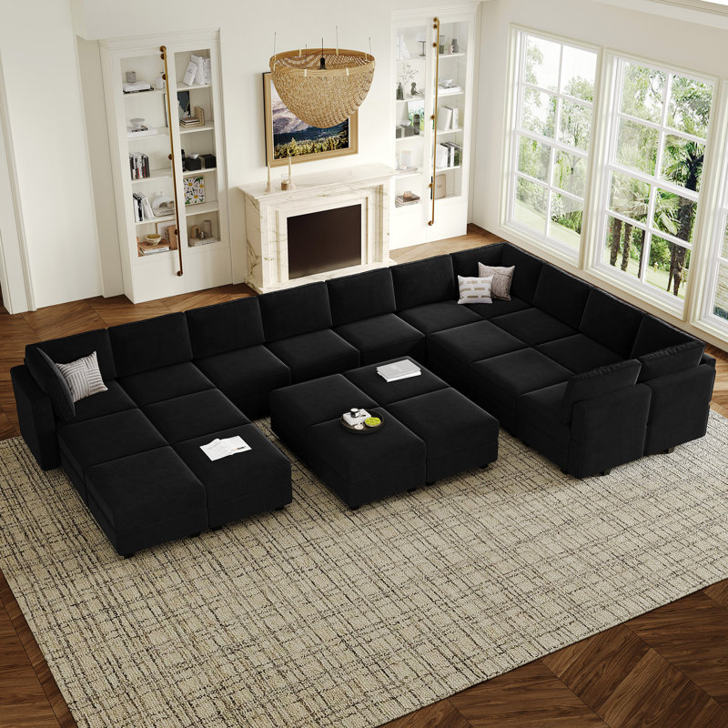 Wylodene 116.6'' Wide Velvet Reversible Modular Corner Sectional, Black Velvet
