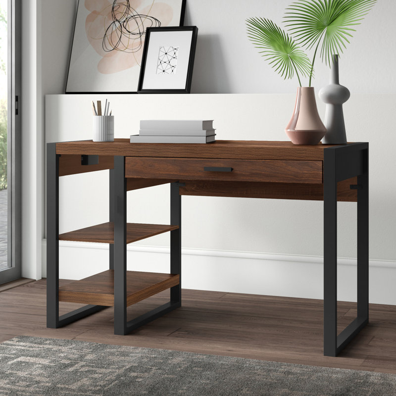 Bureau à 1 tiroir avec port USB Aalyssa, Noyer foncé/noir