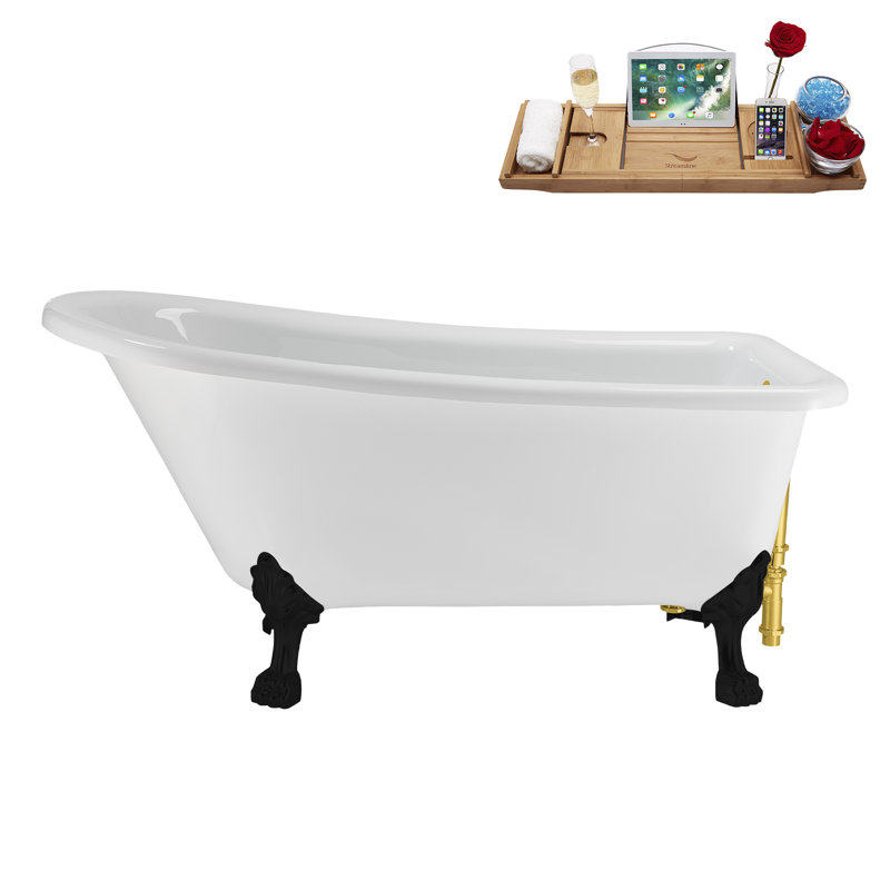 58" Streamlin Clawfoot Tub,Tray,Drain, Clawfeet, Matte Black, Polished Gold