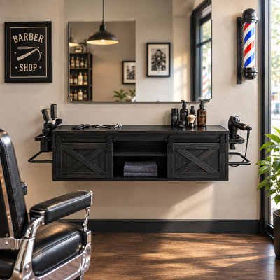 Station de salon murale, coiffeuse avec 2 portes de grange coulissantes