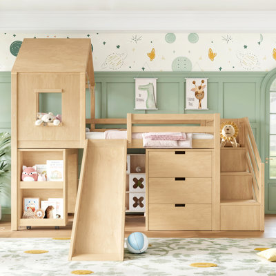 Twin Playhouse Loft Bed with Integrated Storage Drawers, Open Stair Shelves & Pull Out Desk, Kids Low House Loft Bed with Slide and Play Window, Natural