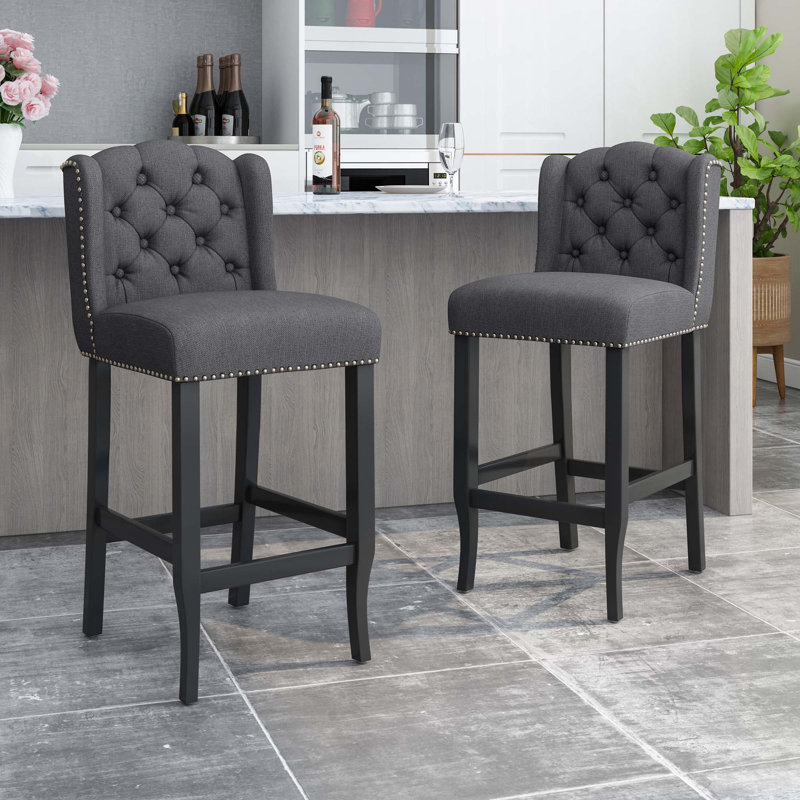Contemporary Fabric Tufted Wingback,Counter Stools,Set of 2, Charcoal, Bar Stool (31" Seat Height)