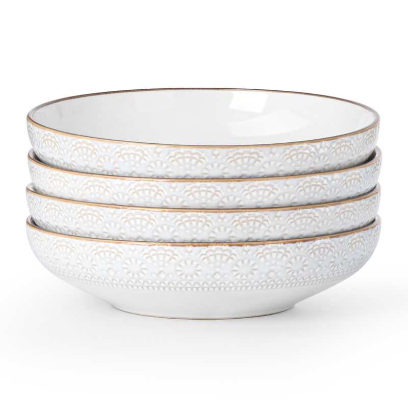 4 bols à pâtes en grès de 34 oz - service pour 4, Floral blanc