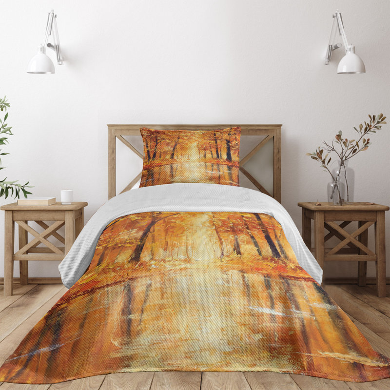 Autumn Forest Lake Quilted King Bedspread Set in Brown