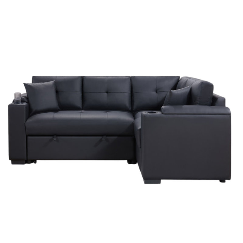 Nov Sectional Sleeper Sofa, 2 Pillows, USB Charger, Black Faux Leather