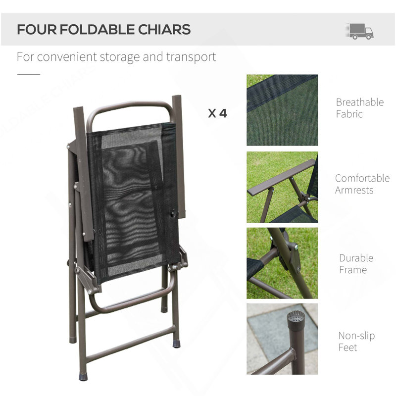 Ensemble de salle à manger de patio 6 pièces pour 4 personnes avec parasol, table d'extérieur et 4 chaises pliantes et table ronde en verre Outsunny pour le jardin, la cour et la piscine, noir