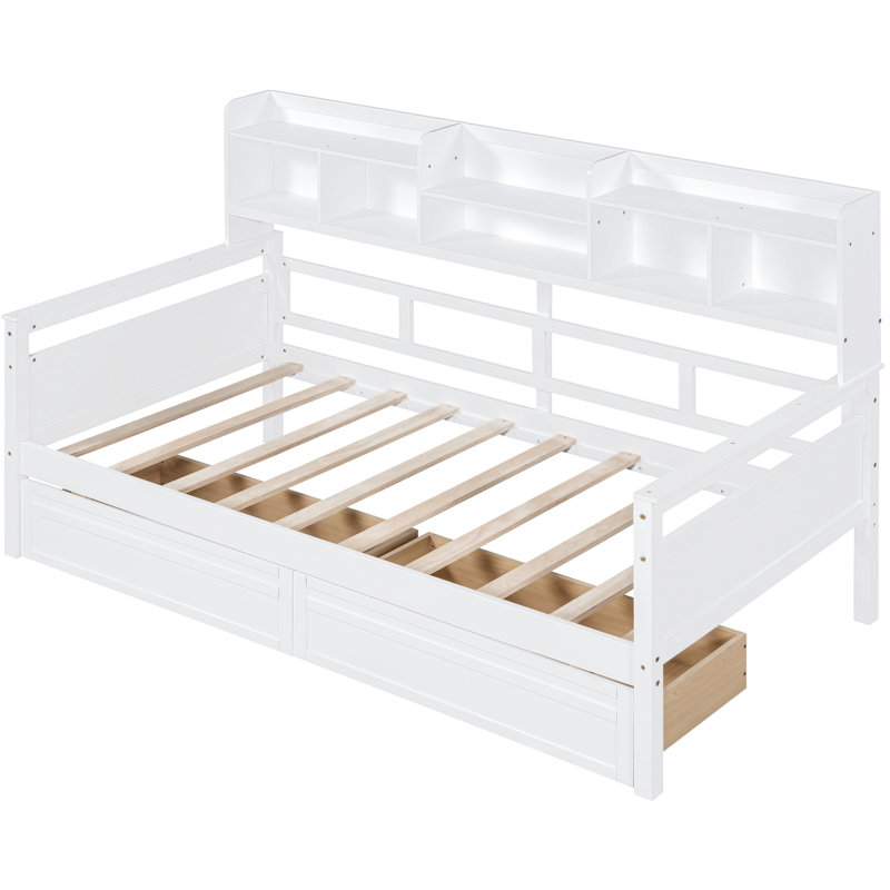 White Twin Daybed With Wood Slat Support, Two Drawers, And Bedside Shelf - Adds Style Function To Your Home Fits Different Styles