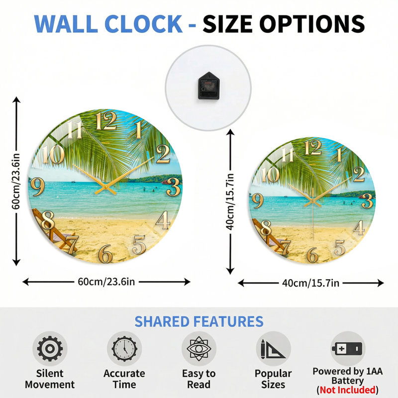 «Beach Scene», horloge murale en verre, 40 x 40 cm (15,7 x 15,7 pouces)