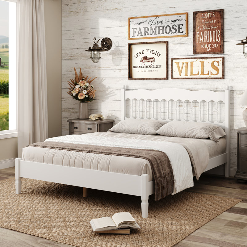 Lit plateforme en bois avec tête de lit et lattes, Grand lit, Blanc