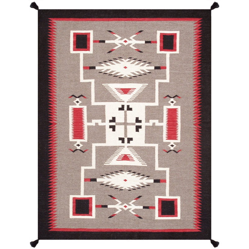Tapis rouge / blanc / brun en laine tissé à plat à la main à motif sud-ouest Rectangle Tuscany, Rectangle 4 pi x 5 pi 10 po