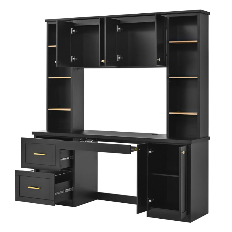 Bureau d'ordinateur de style campagnard avec tablette supérieure, tiroir à dossiers suspendus, plateau pour clavier, tablettes réglables et système de gestion des câbles.