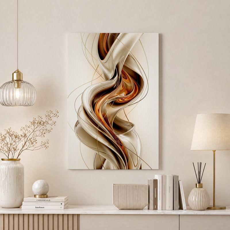 Toile murale abstraite à tourbillons métalliques tourbillonnants bronze et crème, H 48 po x l 36 po