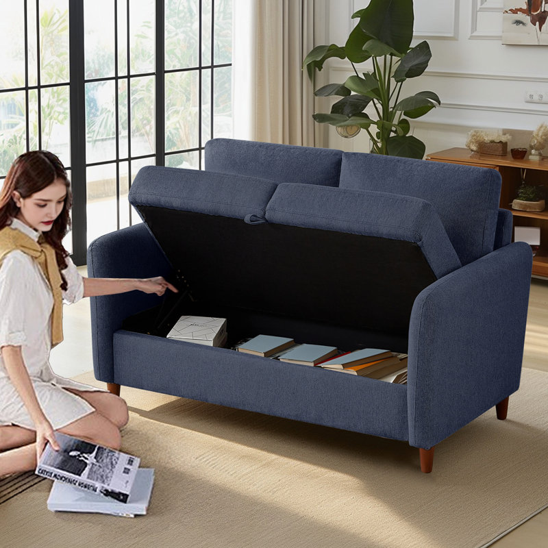 Linen Flared Arm Loveseat with Storage, 34.7" H x 56.3" W x 31.2" D, Blue