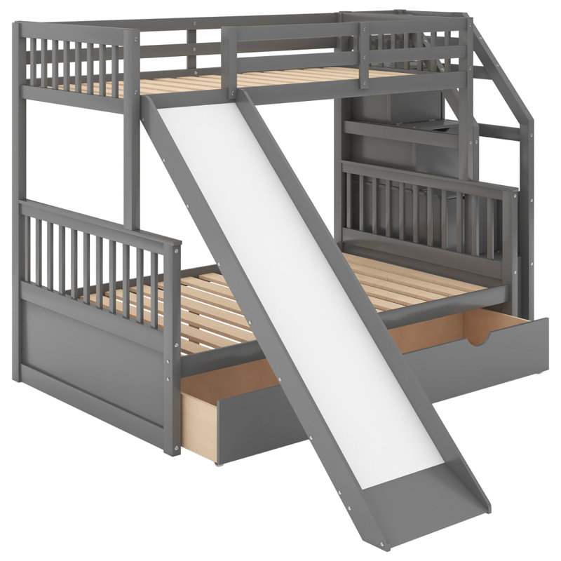Lit simple superposé au dessus d'un lit double avec tiroirs, rangement et glissière, multifonction, gris