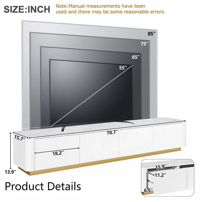Luxury Fluted TV Stand for TVs Up to 85" - Faux Marble Tabletop Media Console with 4 Drawers, Curved Profile & Gold Base, Modern Entertainment Center for Living Room, White