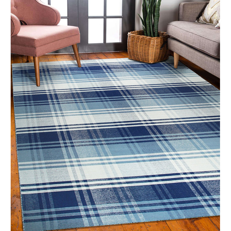 Tapis bleu en laine tissé à plat Ziv, Rectangle de 10 pi x 14 pi