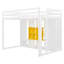 Lit mezzanine double avec garde-robe, tablettes et armoire, structure en bois blanc et jaune, garde-corps, peu encombrant
