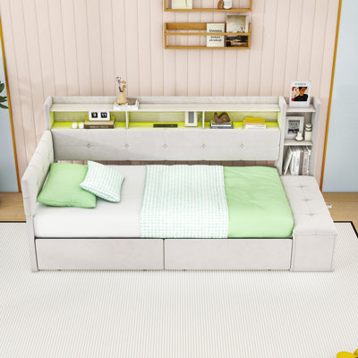 Two Drawers Upholstered Daybed with LED Light, Footstool Storage and USB Ports