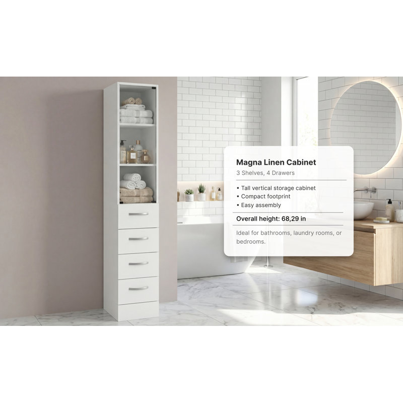 Magna Linen Cabinet with Three Shelves, Four Drawers, and Metal Handles, Bathroom, 68.29"H x 17.56"W x 17.56"D