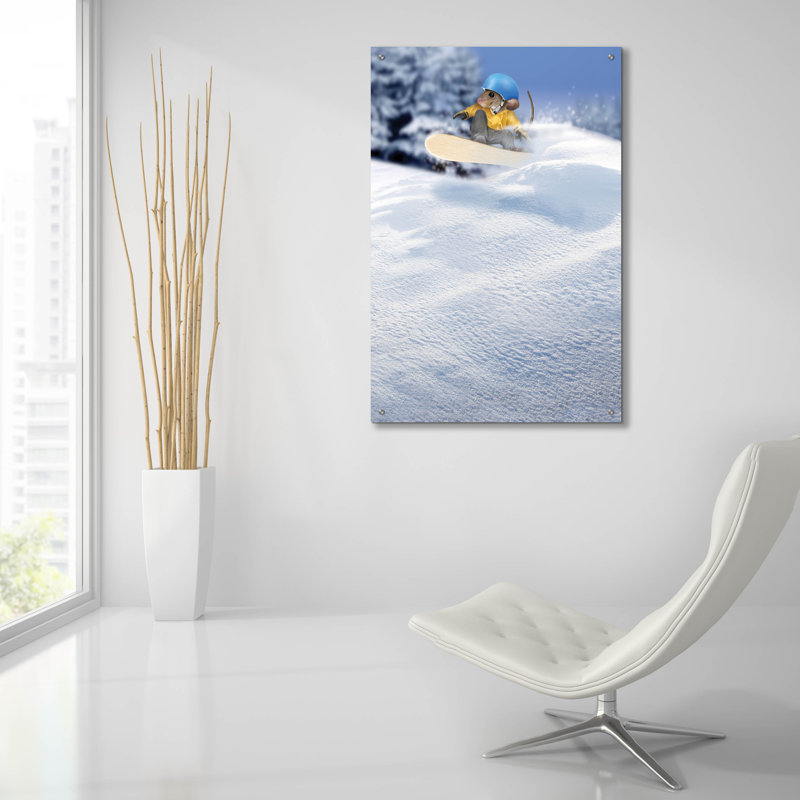 Art mural en verre épique «Mouse Snowboarding» par John Hovenstine, 24 po x 36 po, H 36 po x l 24 po