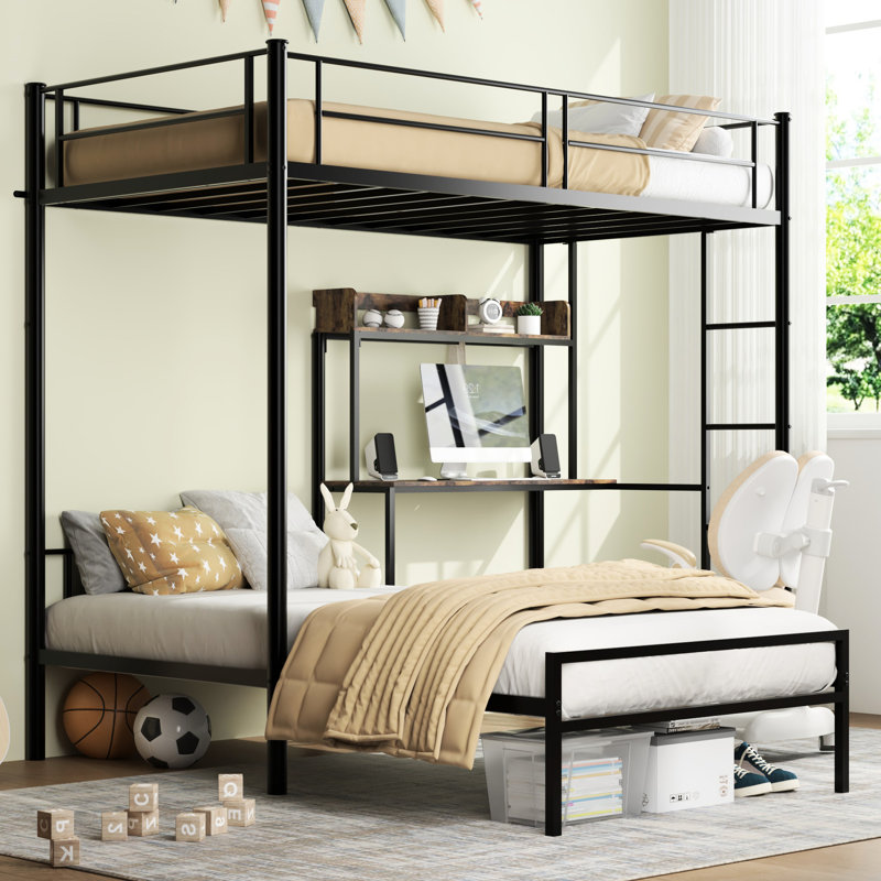 Lit superposé simple avec bureau, station de charge et bibliothèque, garde-corps en L en métal en forme de L, pour adolescents, noir, peu encombrant, fonction silencieuse au-dessus du rangement noir, structure robuste