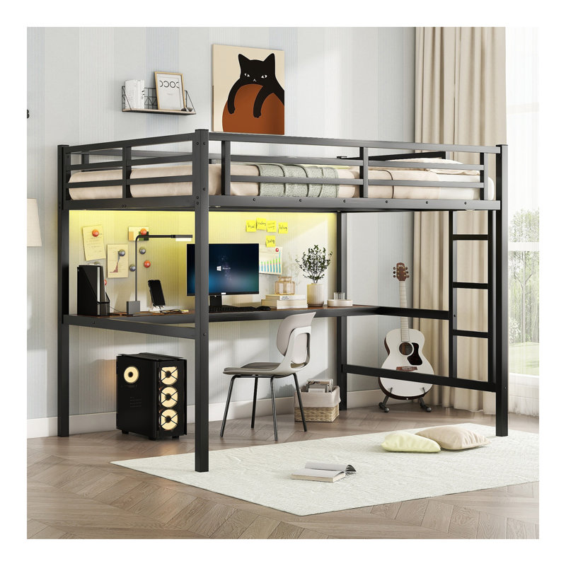 Lit mezzanine double en métal avec prise de courant et éclairage DEL, peu encombrant, noir, Lit double