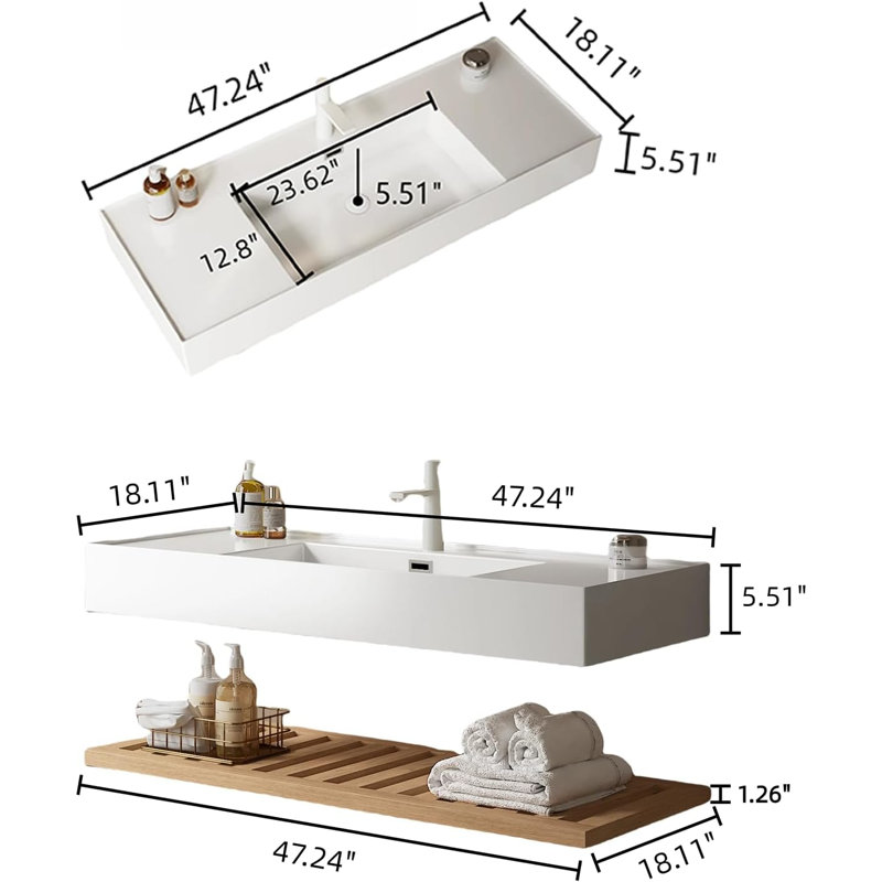 Meuble-lavabo de 30 po avec lavabo vasque, lavabo mural intégré flottant rectangulaire blanc