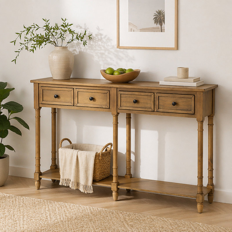Console avec 2 tiroirs de rangement et tablette inférieure, 34" H x 58" W x 11.1" D, Old Pine, Old Pine, Old Pine